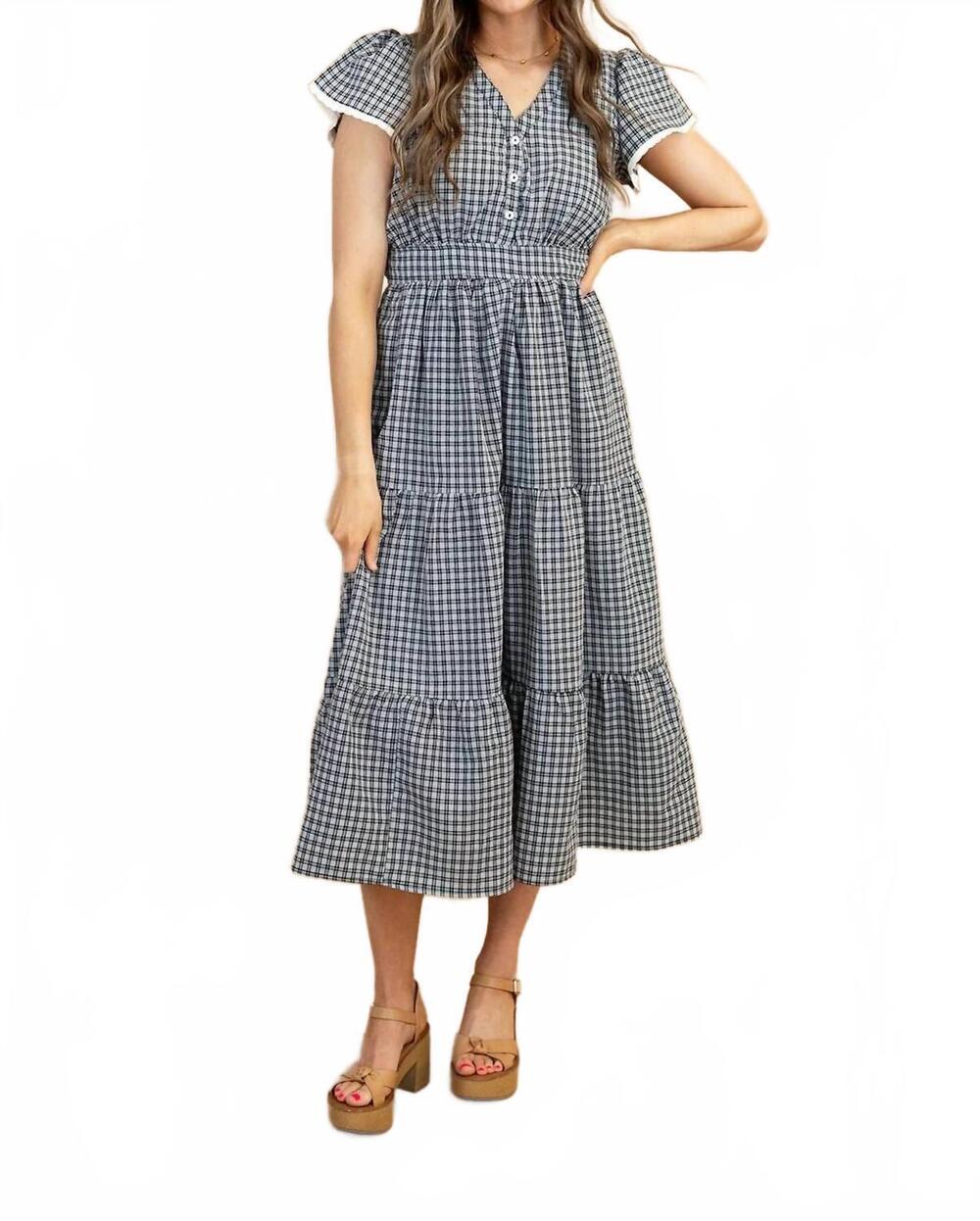 NEW POLAGRAM rayla plaid tiered midi dress in black/white